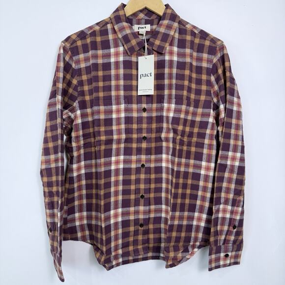 Pact Tops - Pact Mila Flannel Shirt Womens Size L Maroon Plaid Organic Cotton NWT